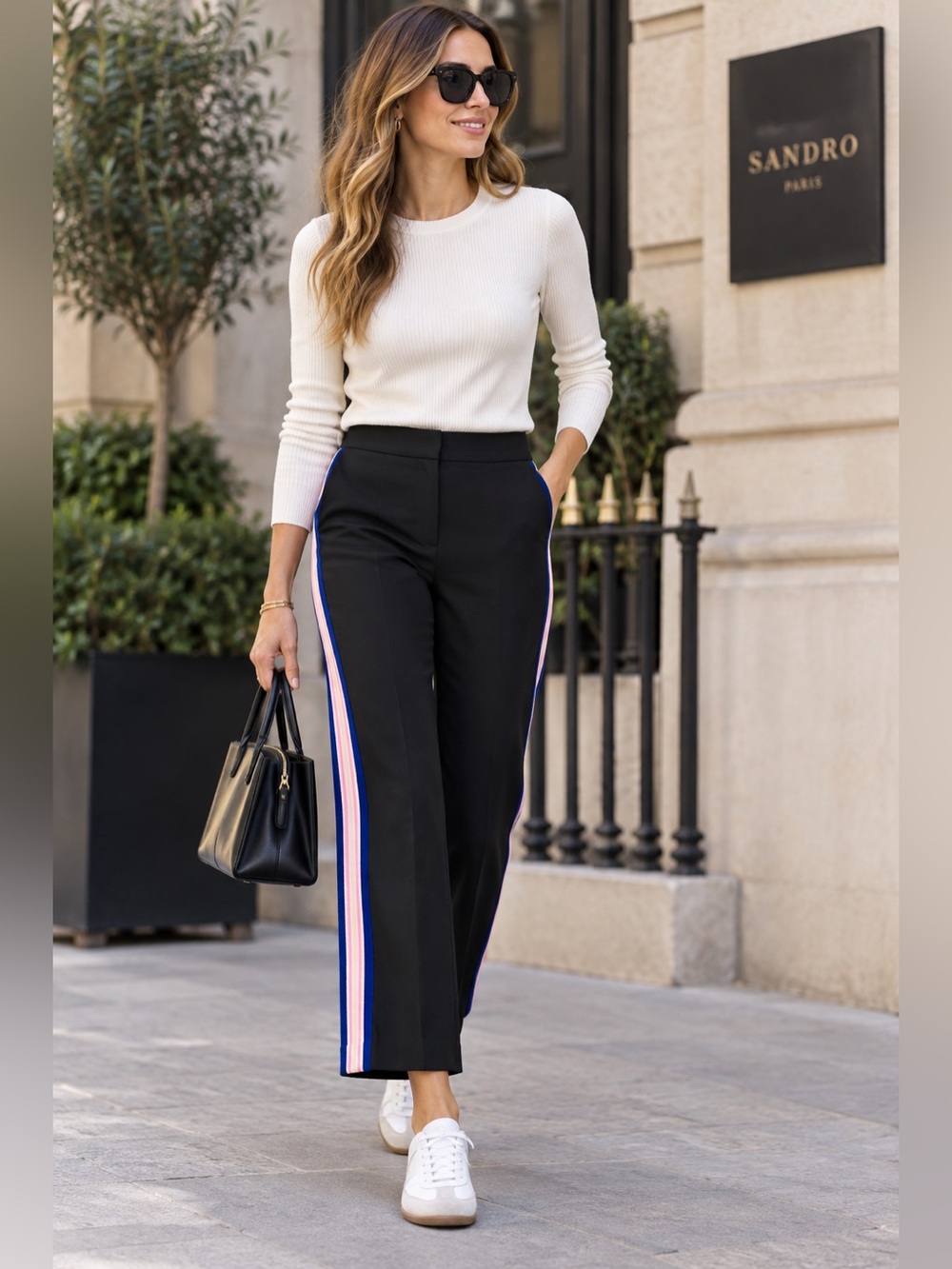 Sandro Paris Black Wide Leg Pants Side Stripe Pink Blue Size 40/US 8